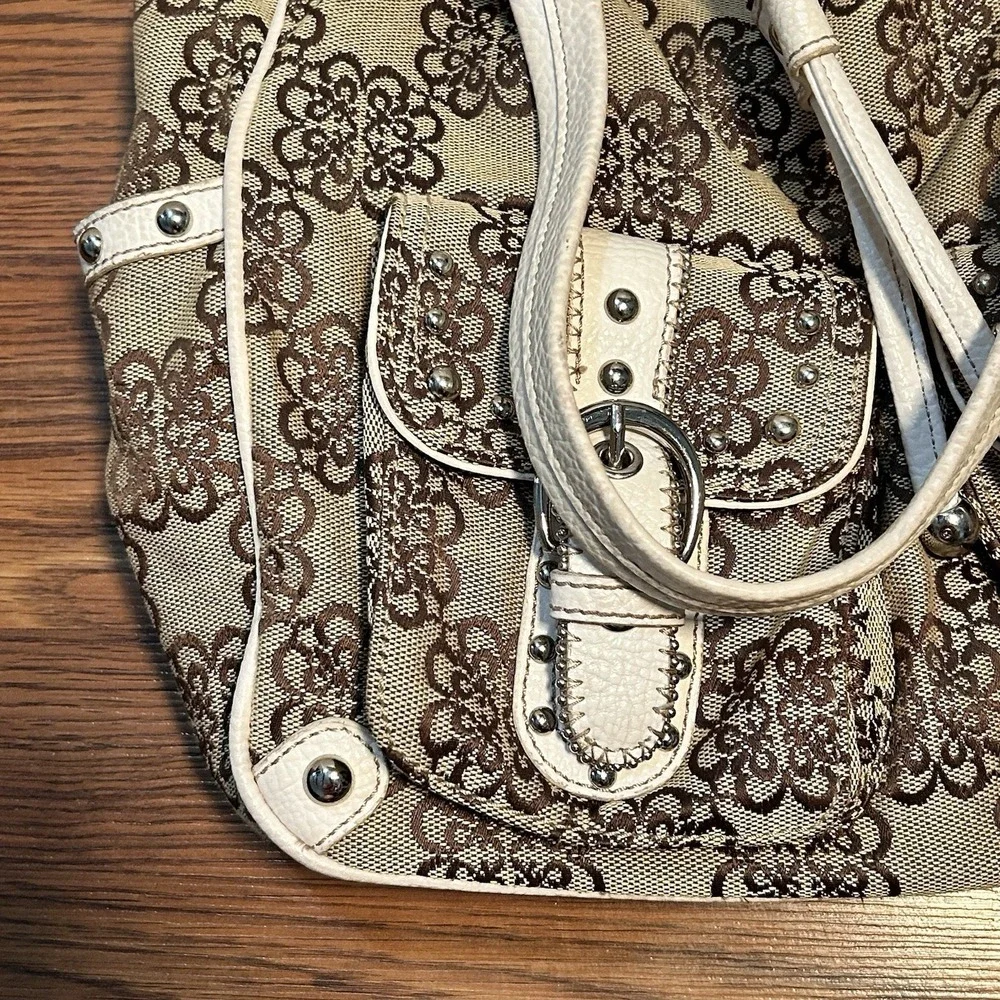 Kathy Van Zeeland Gold Metallic‎ Shopper Tan Floral Purse Handbag w/ Keychain